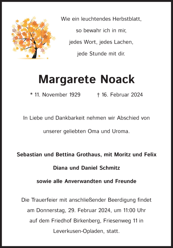  Traueranzeige für Margarete Noack vom 24.02.2024 aus Kölner Stadt-Anzeiger / Kölnische Rundschau / Express