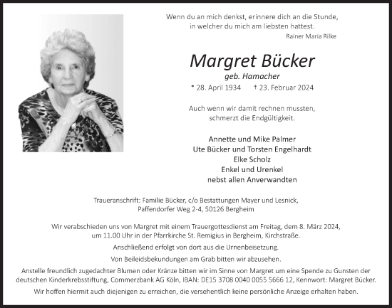 Anzeige von Margret Bücker von  Werbepost 