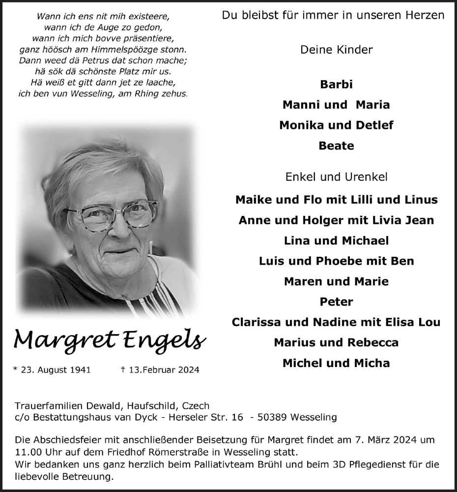  Traueranzeige für Margret Engels vom 23.02.2024 aus  Schlossbote/Werbekurier 