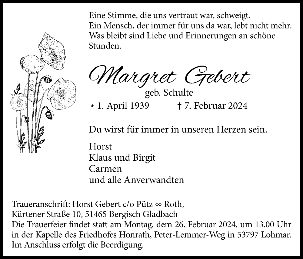  Traueranzeige für Margret Gebert vom 17.02.2024 aus Kölner Stadt-Anzeiger / Kölnische Rundschau / Express
