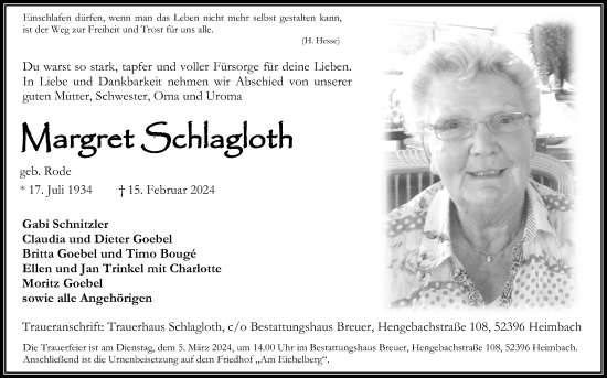 Anzeige von Margret Schlagloth von Kölner Stadt-Anzeiger / Kölnische Rundschau / Express