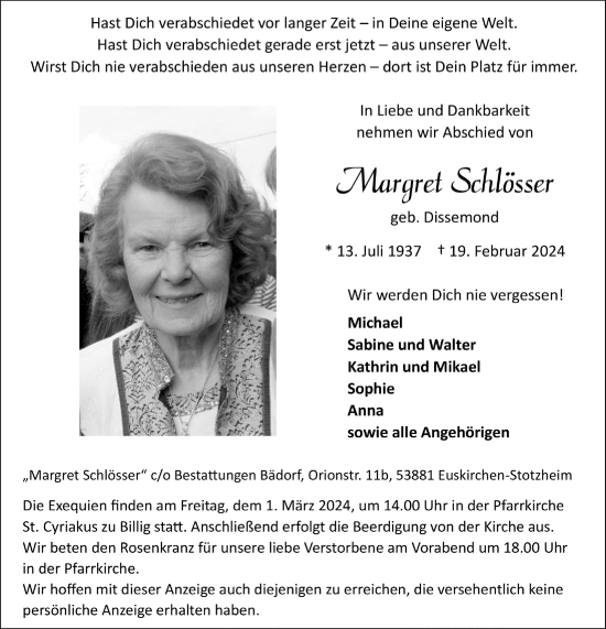 Anzeige von Margret Schlösser von  Blickpunkt Euskirchen 