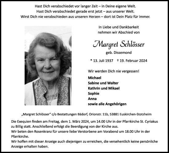 Anzeige von Margret Schlösser von Kölner Stadt-Anzeiger / Kölnische Rundschau / Express