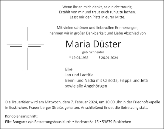Anzeige von Maria Düster von  Blickpunkt Euskirchen 