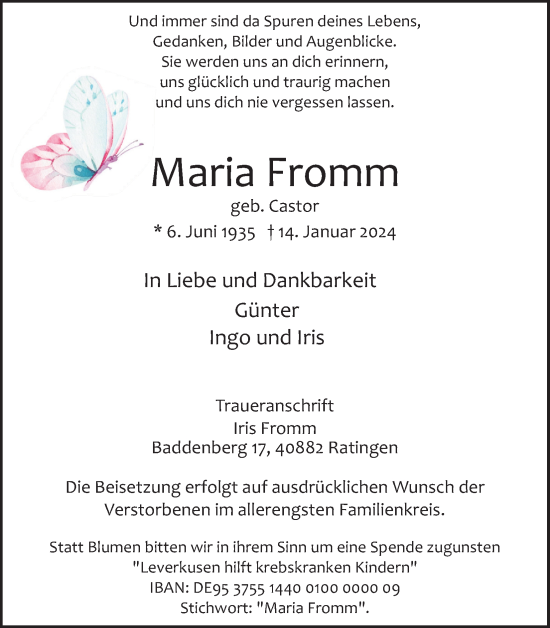 Anzeige von Maria Fromm von Kölner Stadt-Anzeiger / Kölnische Rundschau / Express