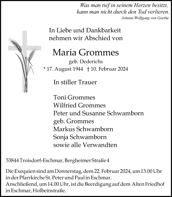 Anzeige von Maria Grommes von Kölner Stadt-Anzeiger / Kölnische Rundschau / Express