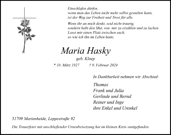 Anzeige von Maria Hasky von  Anzeigen Echo 