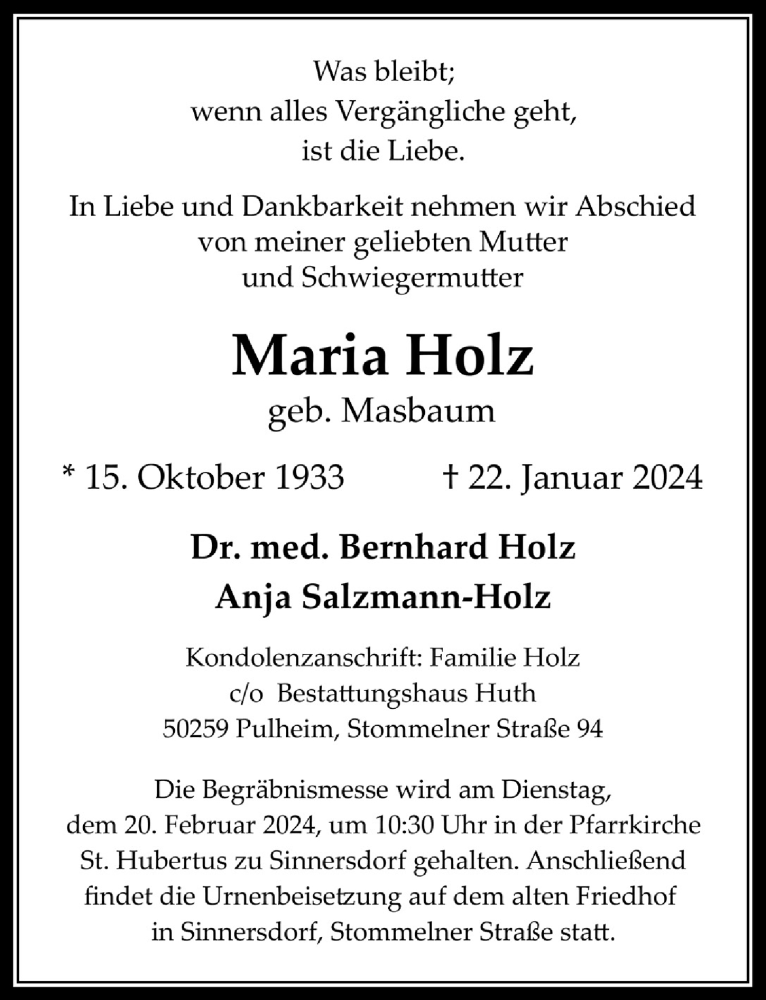  Traueranzeige für Maria Holz vom 02.02.2024 aus  Wochenende 