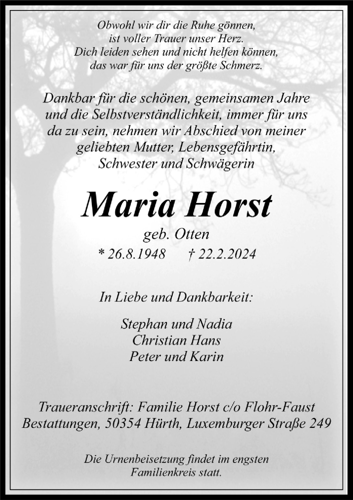  Traueranzeige für Maria Horst vom 01.03.2024 aus  Wochenende 