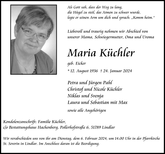 Anzeige von Maria Küchler von Kölner Stadt-Anzeiger / Kölnische Rundschau / Express