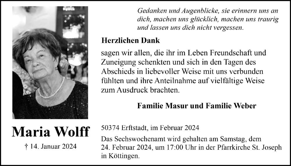  Traueranzeige für Maria Wolff vom 23.02.2024 aus  Werbepost 