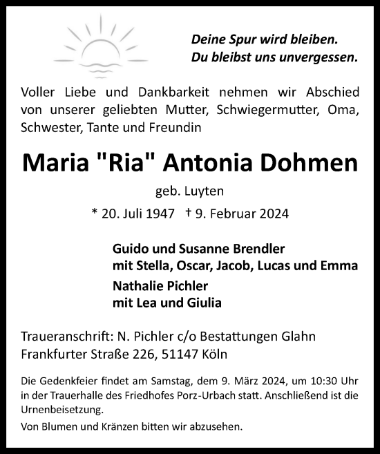 Anzeige von Maria Antonia Dohmen von  EXPRESS - Die Woche 