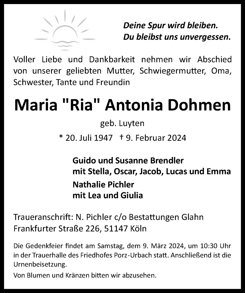  Traueranzeige für Maria Antonia Dohmen vom 23.02.2024 aus  EXPRESS - Die Woche 