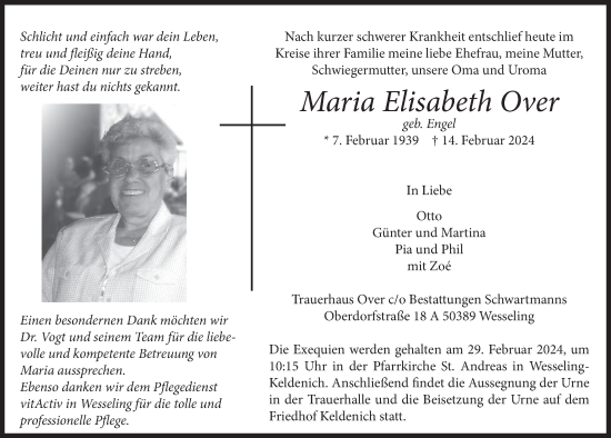 Anzeige von Maria Elisabeth Over von  Schlossbote/Werbekurier 