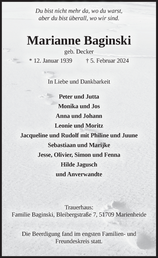 Anzeige von Marianne Baginski von  Anzeigen Echo 
