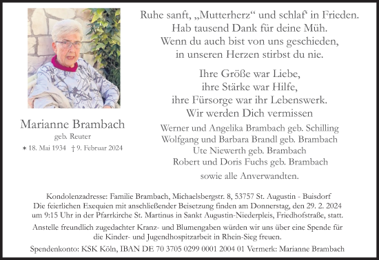 Anzeige von Marianne Brambach von Kölner Stadt-Anzeiger / Kölnische Rundschau / Express