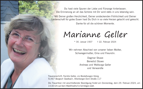 Anzeige von Marianne Geller von Kölner Stadt-Anzeiger / Kölnische Rundschau / Express