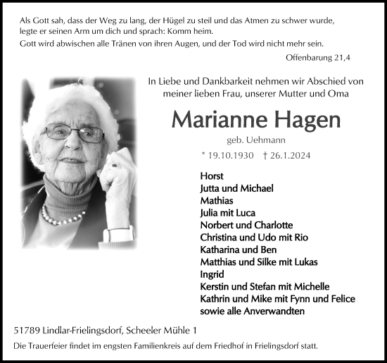 Anzeige von Marianne Hagen von Kölner Stadt-Anzeiger / Kölnische Rundschau / Express
