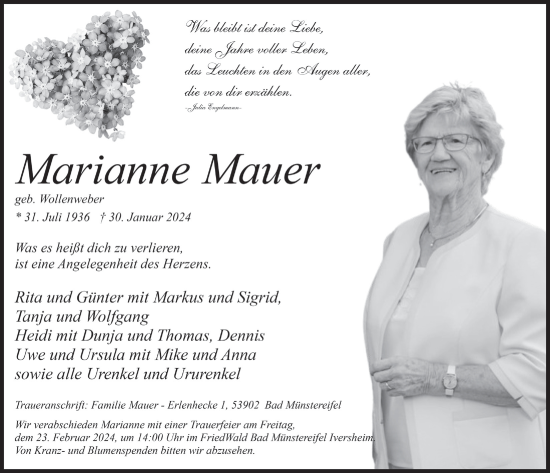 Anzeige von Marianne Mauer von  Blickpunkt Euskirchen 