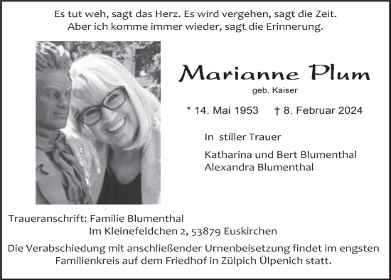 Anzeige von Marianne Plum von  Blickpunkt Euskirchen 