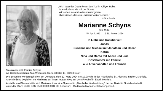 Anzeige von Marianne Schyns von Kölner Stadt-Anzeiger / Kölnische Rundschau / Express
