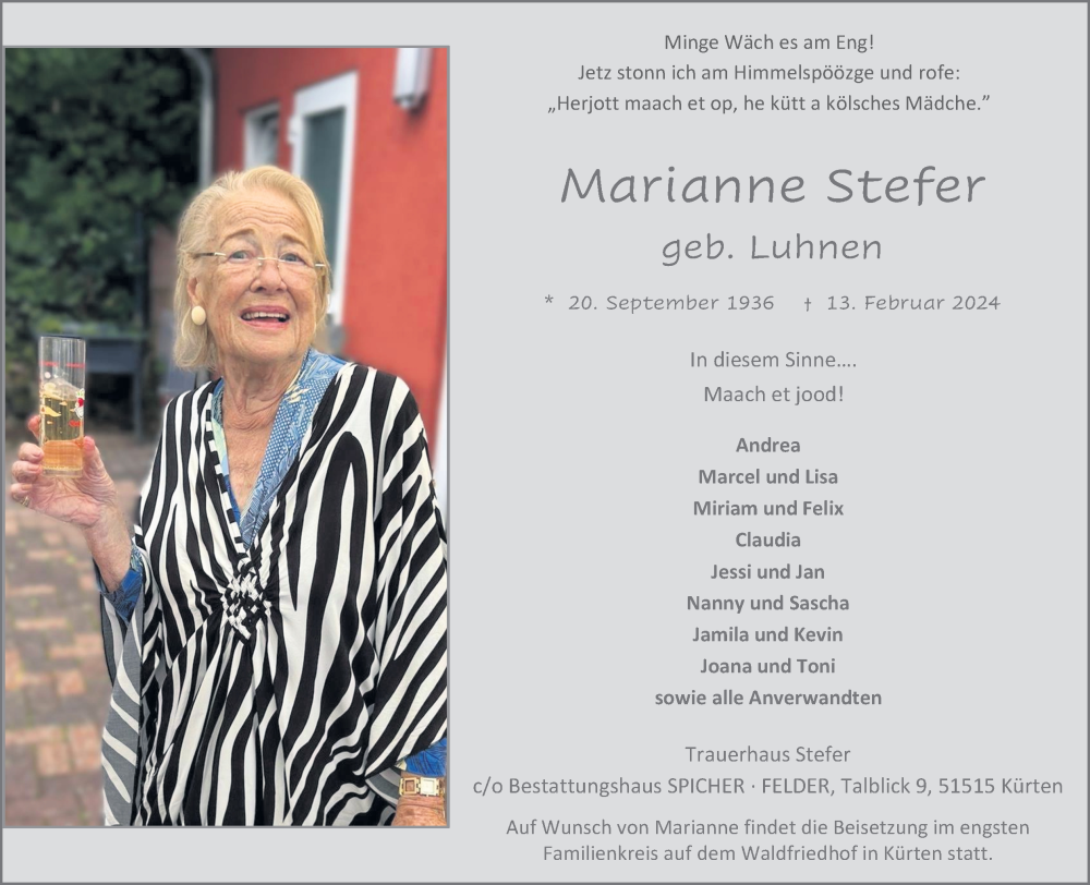  Traueranzeige für Marianne Stefer vom 17.02.2024 aus Kölner Stadt-Anzeiger / Kölnische Rundschau / Express