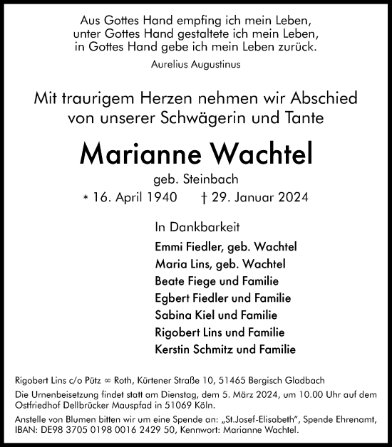 Anzeige von Marianne Wachtel von Kölner Stadt-Anzeiger / Kölnische Rundschau / Express