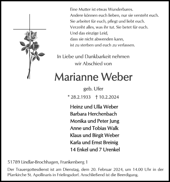 Anzeige von Marianne Weber von  Anzeigen Echo 