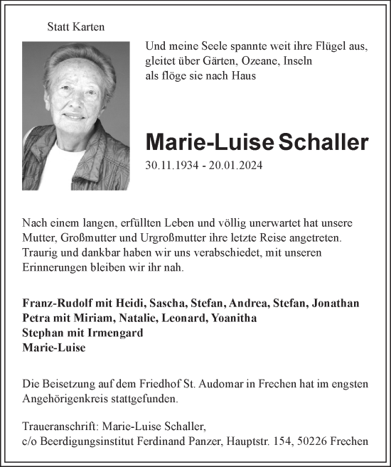 Anzeige von Marie-Luise Schaller von  Wochenende 