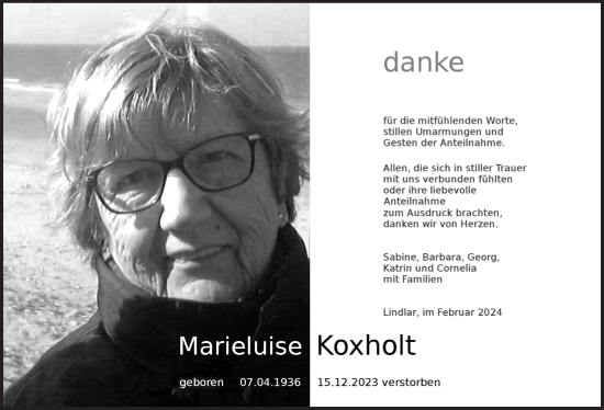 Anzeige von Marieluise Koxholt von  Anzeigen Echo 