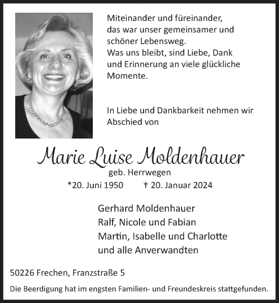 Anzeige von Marie Luise Moldenhauer von  Wochenende 