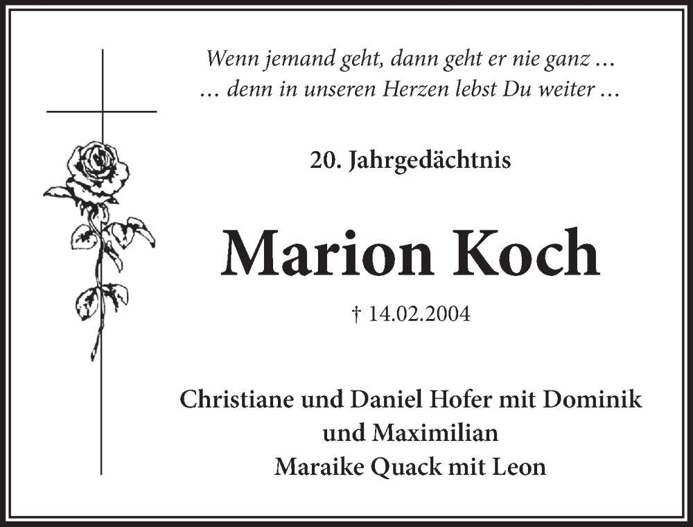  Traueranzeige für Marion Koch vom 09.02.2024 aus  Schlossbote/Werbekurier 