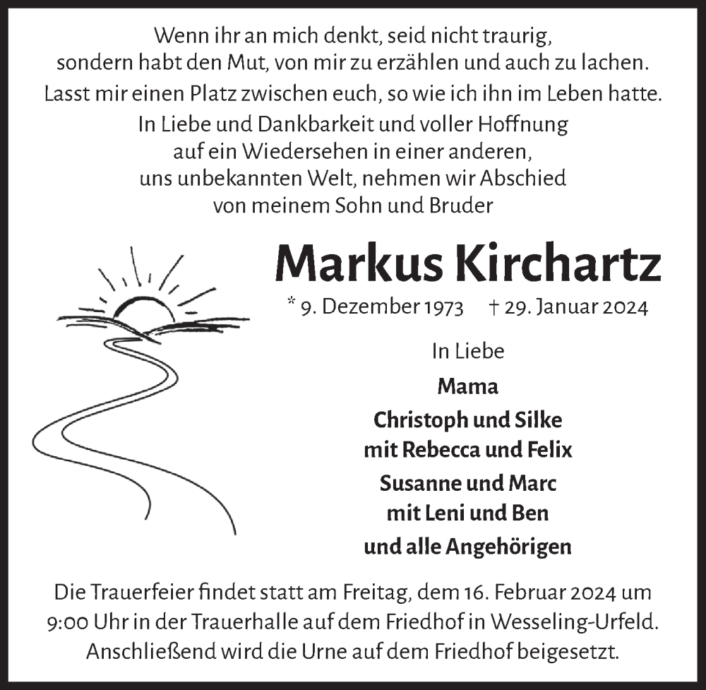  Traueranzeige für Markus Kirchartz vom 02.02.2024 aus  Schlossbote/Werbekurier 