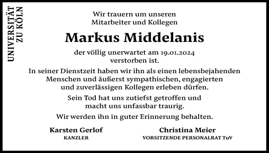 Anzeige von Markus Middelanis von Kölner Stadt-Anzeiger / Kölnische Rundschau / Express