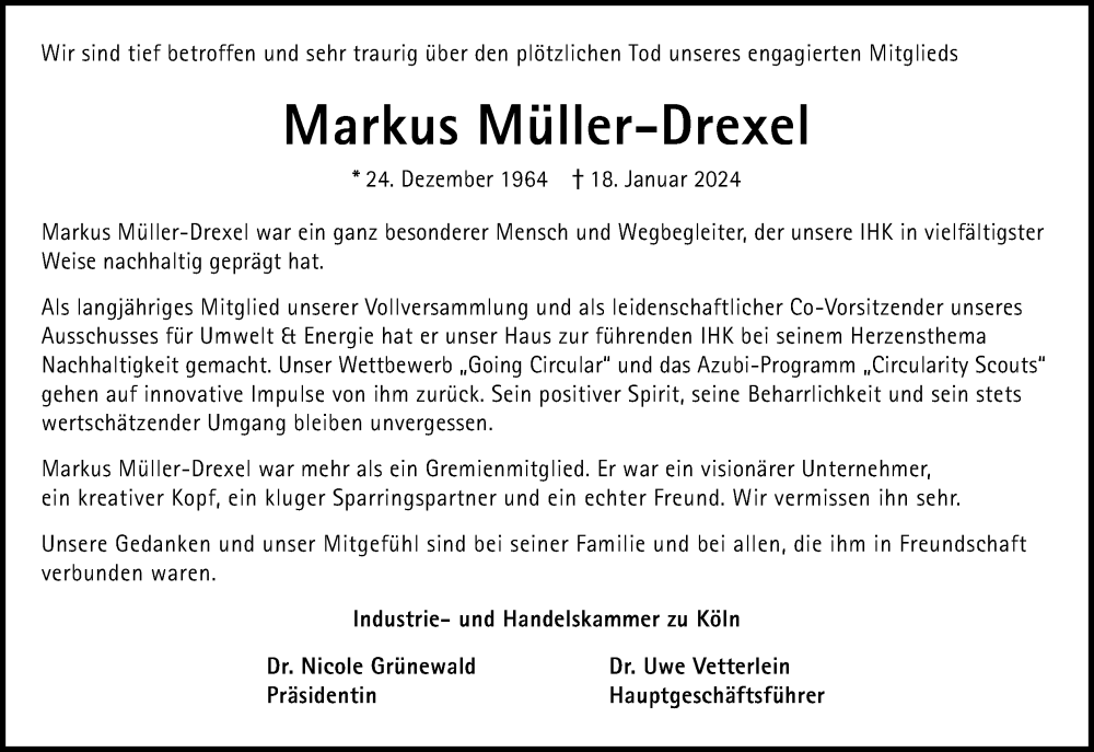  Traueranzeige für Markus Müller-Drexel vom 03.02.2024 aus Kölner Stadt-Anzeiger / Kölnische Rundschau / Express