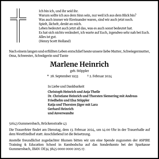 Anzeige von Marlene Heinrich von Kölner Stadt-Anzeiger / Kölnische Rundschau / Express