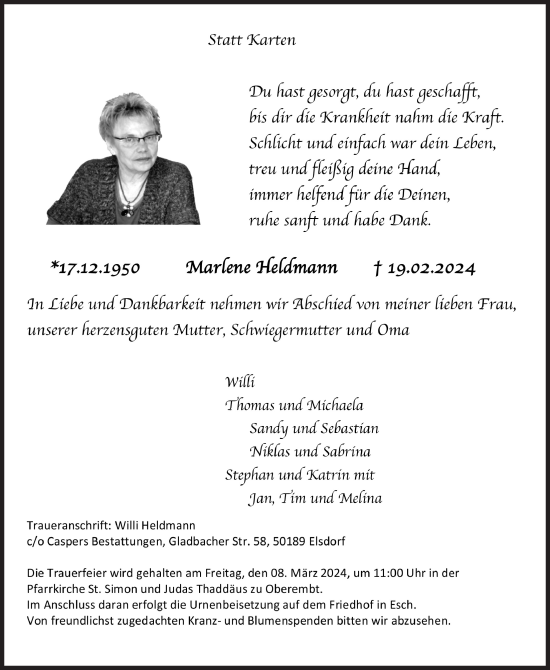 Anzeige von Marlene Heldmann von  Werbepost 