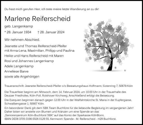 Anzeige von Marlene Reiferscheid von Kölner Stadt-Anzeiger / Kölnische Rundschau / Express