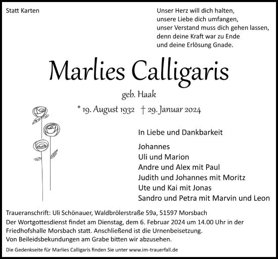 Anzeige von Marlies Calligaris von  Lokalanzeiger 