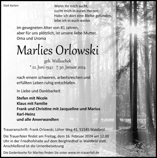 Anzeige von Marlies Orlowski von  Lokalanzeiger 