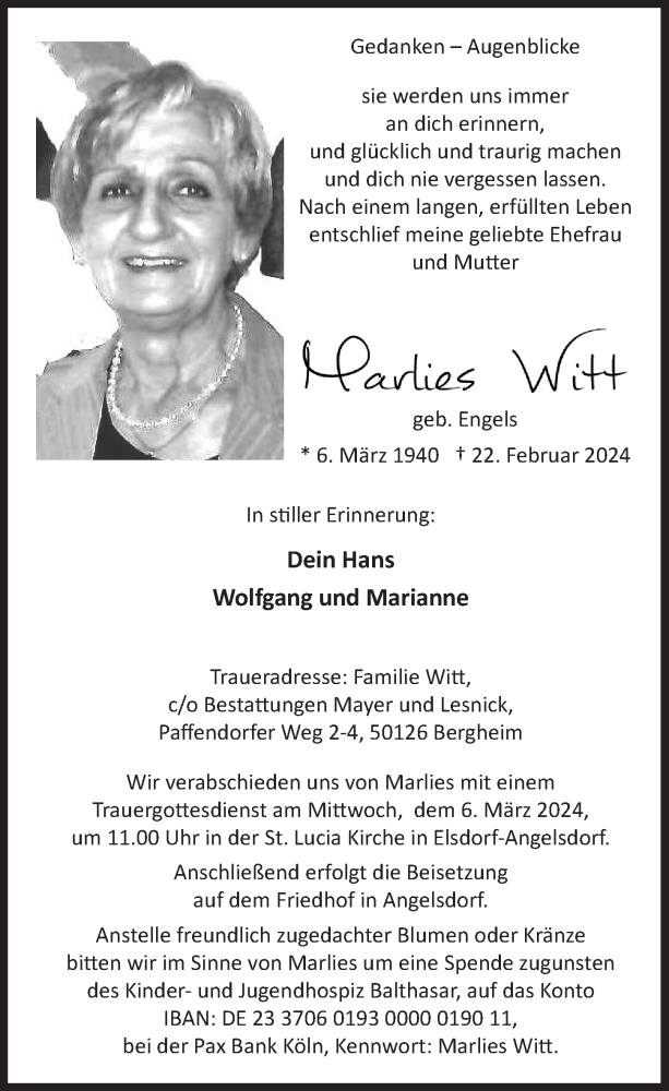  Traueranzeige für Marlies Witt vom 01.03.2024 aus  Werbepost 