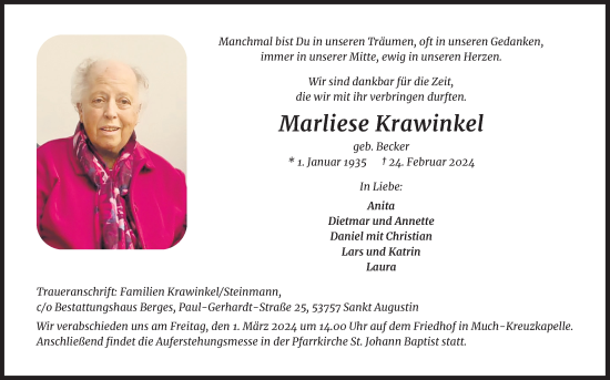Anzeige von Marliese Krawinkel von Kölner Stadt-Anzeiger / Kölnische Rundschau / Express