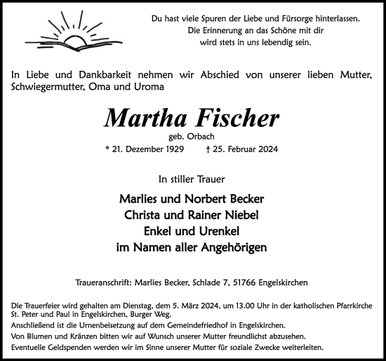 Anzeige von Martha Fischer von Kölner Stadt-Anzeiger / Kölnische Rundschau / Express