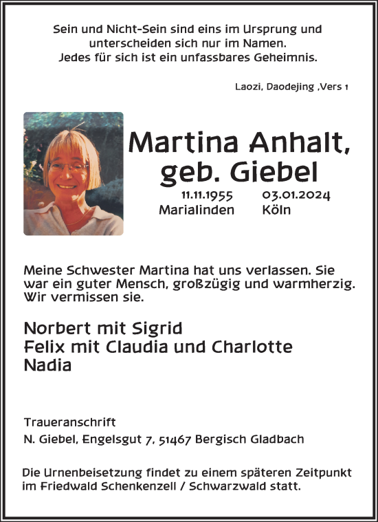 Anzeige von Martina Anhalt von Kölner Stadt-Anzeiger / Kölnische Rundschau / Express