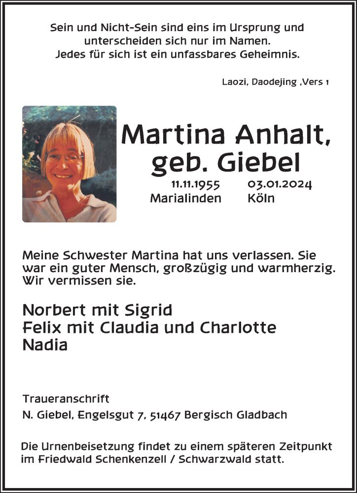  Traueranzeige für Martina Anhalt vom 10.02.2024 aus Kölner Stadt-Anzeiger / Kölnische Rundschau / Express
