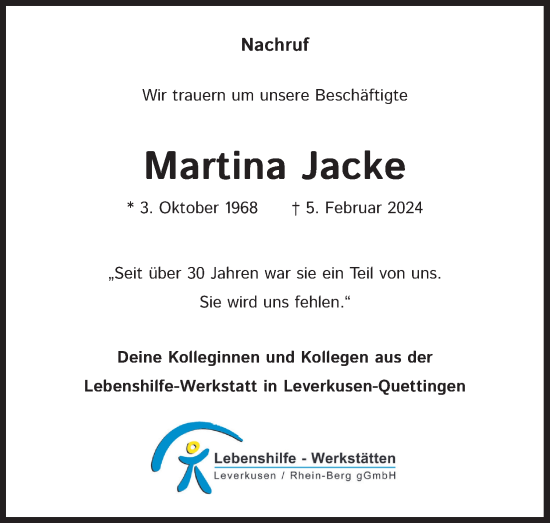 Anzeige von Martina Jacke von Kölner Stadt-Anzeiger / Kölnische Rundschau / Express
