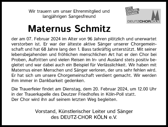 Anzeige von Maternus Schmitz von Kölner Stadt-Anzeiger / Kölnische Rundschau / Express
