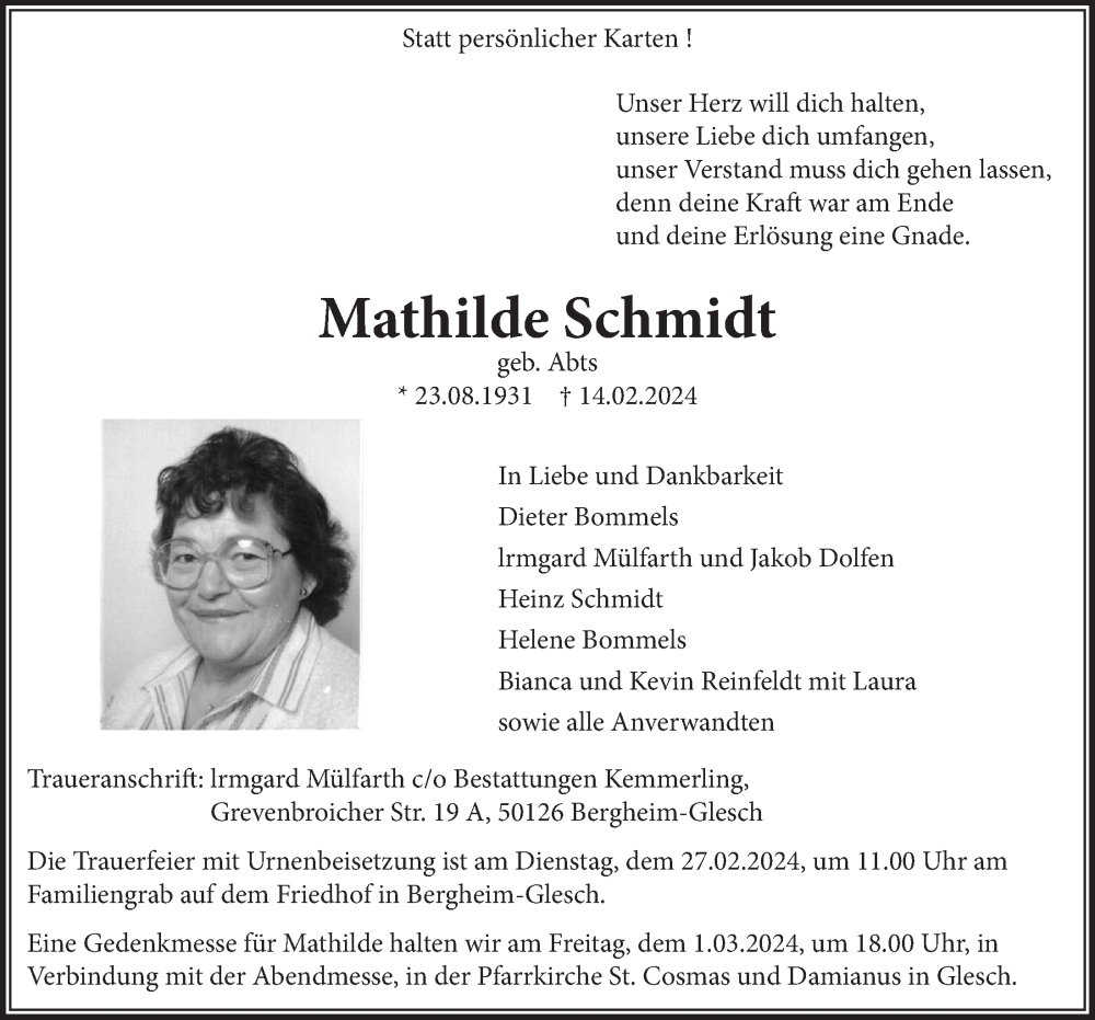  Traueranzeige für Mathilde Schmidt vom 23.02.2024 aus  Werbepost 