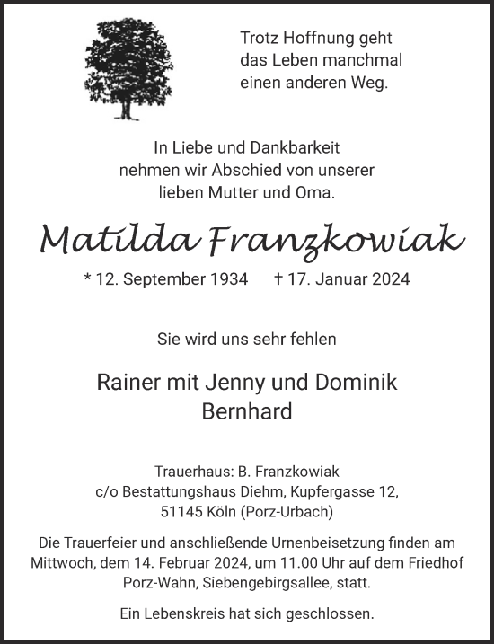 Anzeige von Matilda Franzkowiak von  EXPRESS - Die Woche 