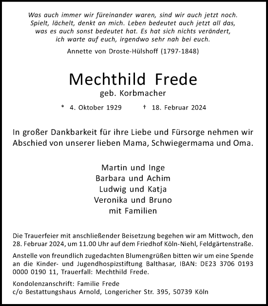 Anzeige von Mechthild Frede von Kölner Stadt-Anzeiger / Kölnische Rundschau / Express